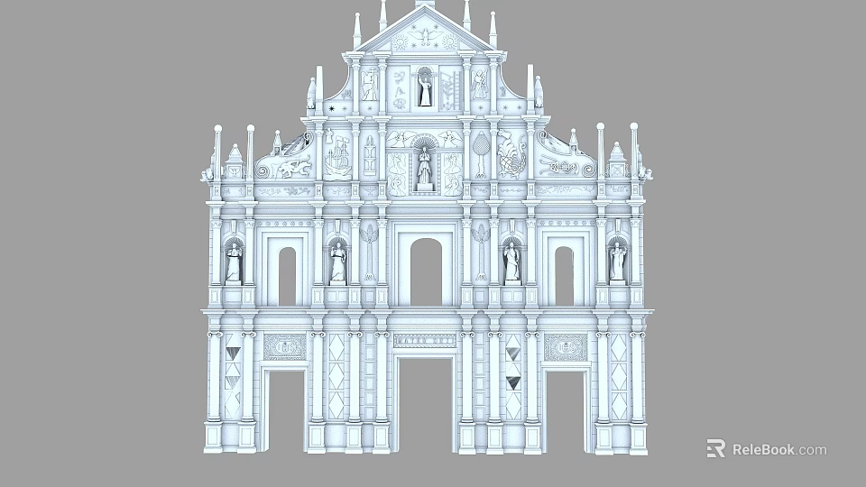 Baroque Style Ruins of St. Paul's with Arched Doorways and Stone Carvings 3d model 