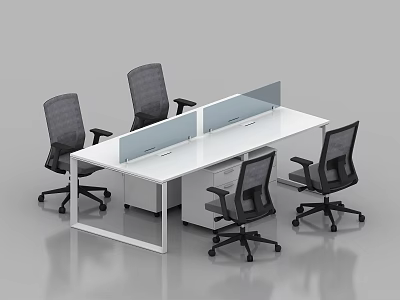 Modern Office Desk With White Surface Partition And Four Gray Chairs 3d model
