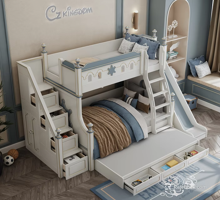 Cozy Kids Room Interior With Bunk Bed Stairs Slide Storage Drawers And Decorative Pillows 3d model 