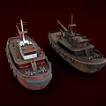 Two Distinct Boats Red Tugboat And Dark Old Vessel With Crane And Lifebuoys