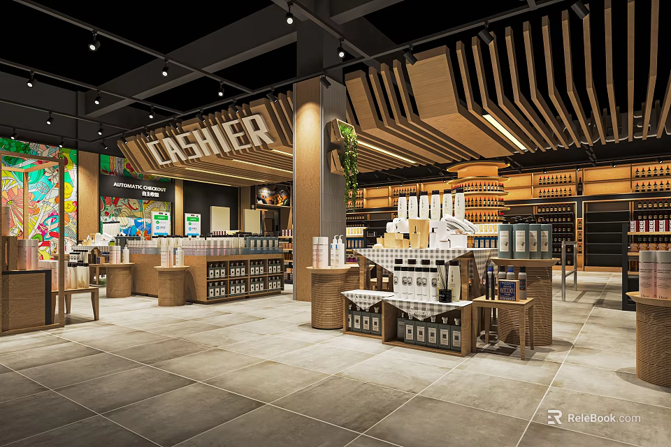 Modern Supermarket Department Store With Cashier Counter Shelves Products Wooden Decor And Tile Flooring 3d model 