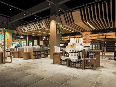 Modern Supermarket Department Store With Cashier Counter Shelves Products Wooden Decor And Tile Flooring 3d model