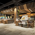 Modern Supermarket Department Store With Cashier Counter Shelves Products Wooden Decor And Tile Flooring