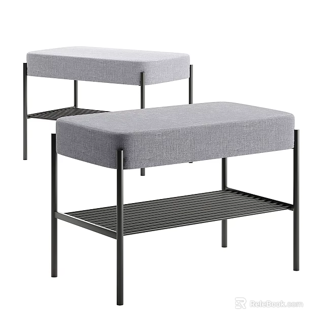 Two Gray Upholstered Sofa Benches With Metal Frame And Grid Shelf 3d model