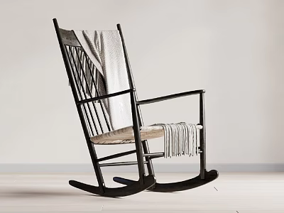 Black Rocking Chair With Light Blanket And Woven Seat In Minimalist Room 3d model