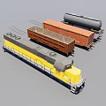 Yellow and Black Locomotive with Various Railroad Cars and Train Tracks
