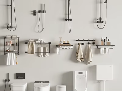 Stylish Modern Bathroom Set With Shower Fixtures Towel Racks And Storage Shelves 3d model
