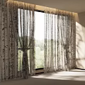 Sheer Curtains With Chinese Calligraphy Characters By Window And Green View Outside