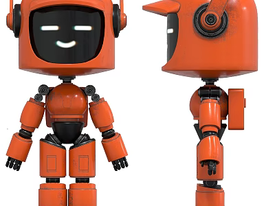 Orange Robot Doll With Square Head Smiling Face And Articulated Joints Design 3d model