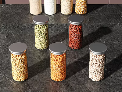 Glass Spice Jars Arranged With Various Colored Spices On Dark Countertop 3d model