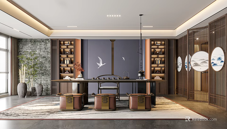 Traditional Tea Room With Dark Wooden Table Brown Stools Blue Wall And Decorative Paintings 3d model 