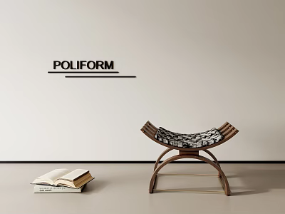Poliform Modern Wooden Stool With Curved Frame And Open Books Against Wall 3d model