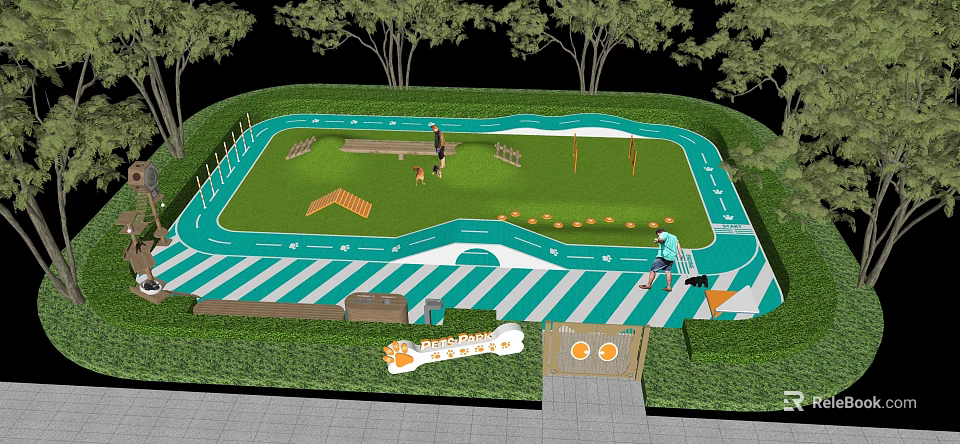 Outdoor Pet Activity Park With Agility Obstacles Grassy Lawn And Training Areas 3d model 