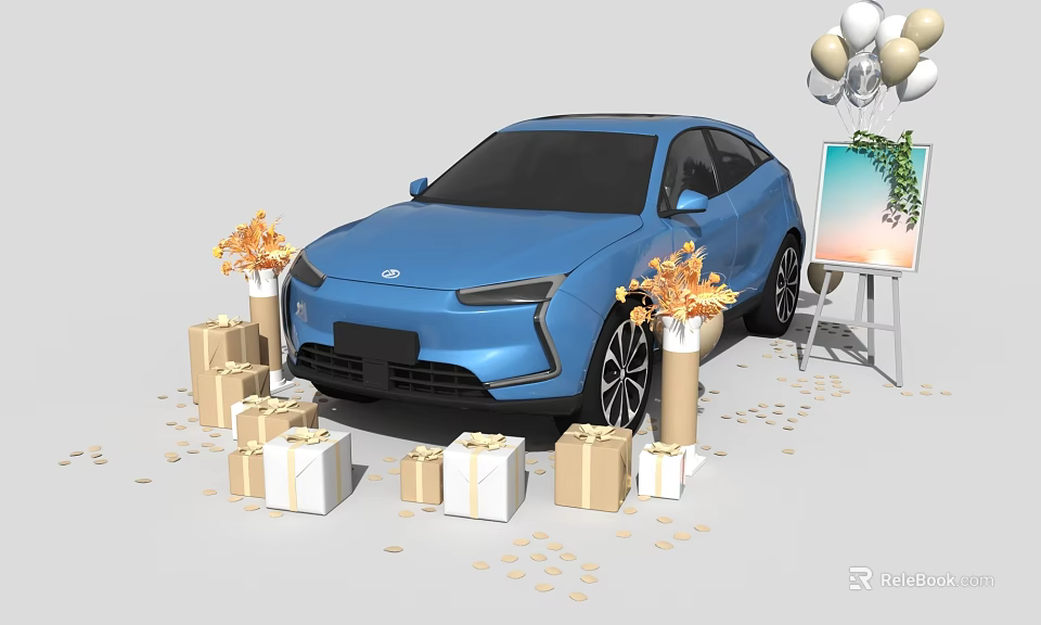 Blue Car Surrounded by Gift Boxes Balloons and Flower Bouquets with Easel 3d model 