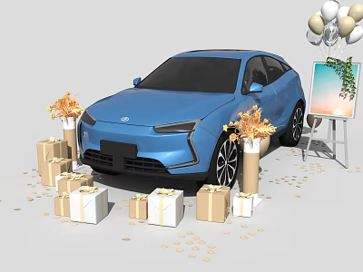 Blue Car Surrounded by Gift Boxes Balloons and Flower Bouquets with Easel 3d model
