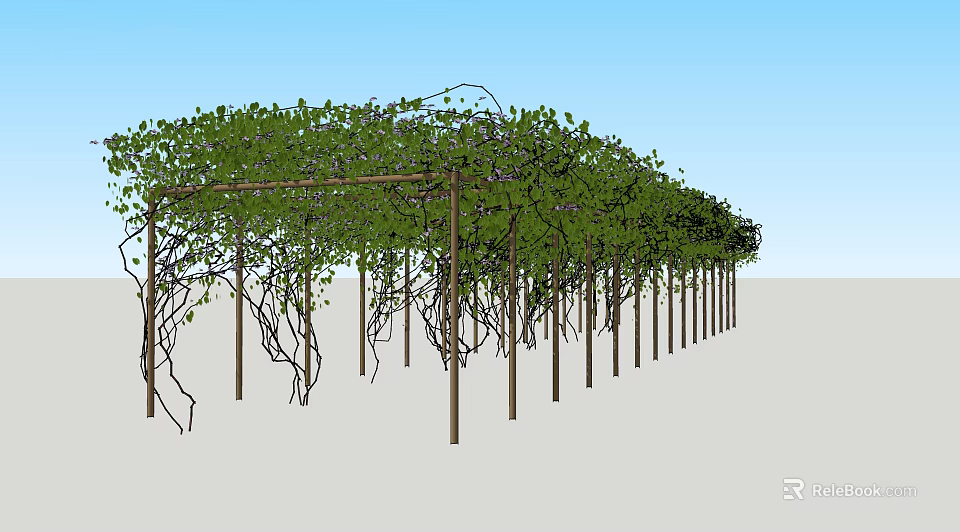 Lush Green Vine Covered Wooden Pergola Structure With Dense Foliage And Support Poles 3d model 