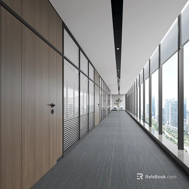 Modern Office Corridor With Wooden Doors Glass Partitions Blinds Gray Carpet And City View 3d model 
