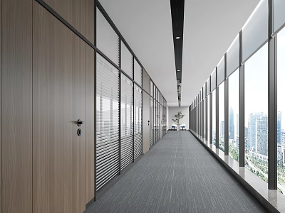 Modern Office Corridor With Wooden Doors Glass Partitions Blinds Gray Carpet And City View 3d model