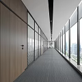 Modern Office Corridor With Wooden Doors Glass Partitions Blinds Gray Carpet And City View