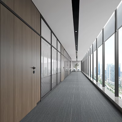 Modern Office Corridor With Wooden Doors Glass Partitions Blinds Gray Carpet And City View 3d model