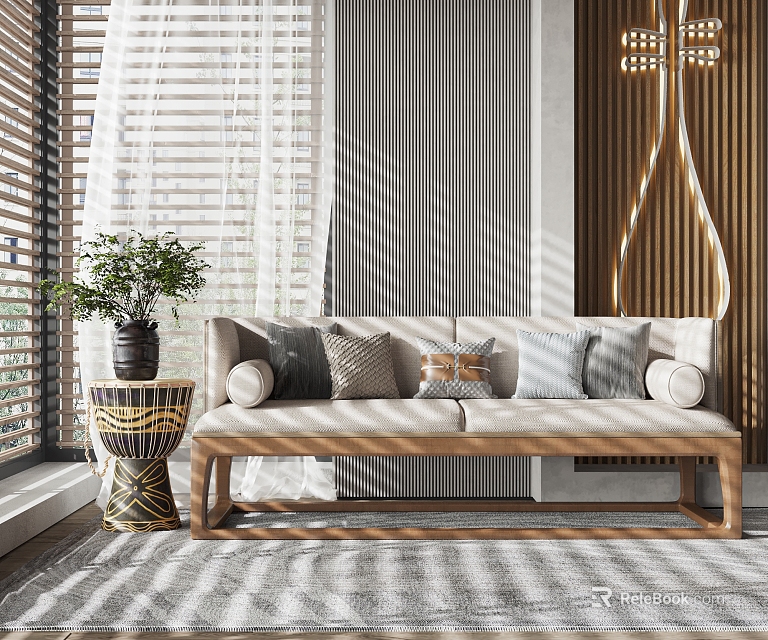Modern Beige Two-Seater Sofa With Multiple Pillows Wooden Frame Near Window Wooden Blinds And Plant 3d model 