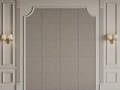Elegant Bedroom Accent Wall With Gray Upholstered Panels White Paneled Sides And Wall Sconces 3d model