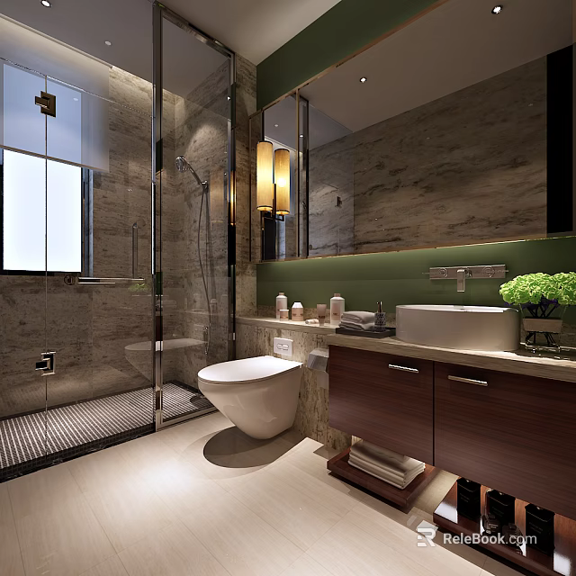 Elegant Modern Bathroom Interior Design With Marble Walls Glass Shower Enclosure And Wooden Vanity Cabinet 3d model 
