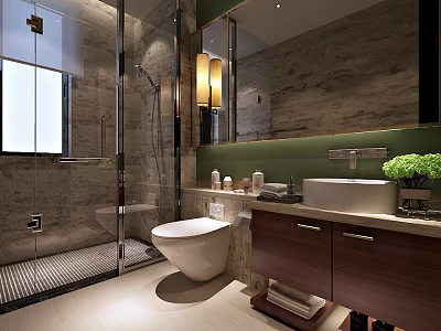 Elegant Modern Bathroom Interior Design With Marble Walls Glass Shower Enclosure And Wooden Vanity Cabinet 3d model