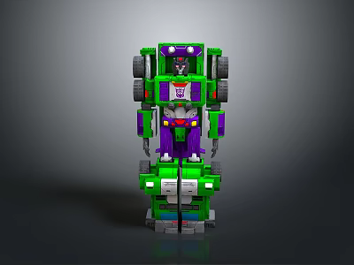 Green And Purple Transformer Robot Action Figure With Multiple Wheels And White Parts 3d model
