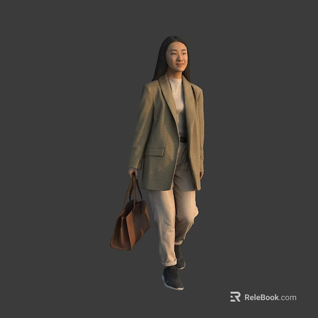 Woman In Beige Blazer White Top Light Pants Carrying Brown Handbag On Gray Background 3d model 