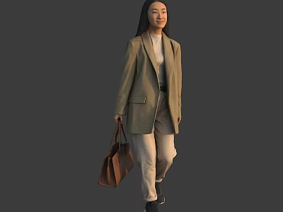 Woman In Beige Blazer White Top Light Pants Carrying Brown Handbag On Gray Background 3d model