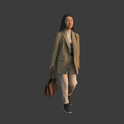 Woman In Beige Blazer White Top Light Pants Carrying Brown Handbag On Gray Background 3d model