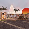 Garden Landscape With Teepee Structures Palm Trees Sunset String Lights And Wooden Signs 3d model
