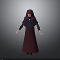 Man In Hooded Dark Red Robe With Purple Collar Standing Against Gray Background