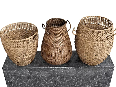 Three Brown Woven Storage Baskets Displayed on a Black Countertop 3d model