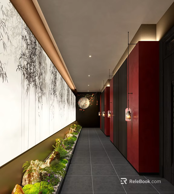 Elevator Hallway with Red Columns Bamboo Wall Art Dark Tile Floor and Hanging Lanterns 3d model