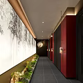 Elevator Hallway with Red Columns Bamboo Wall Art Dark Tile Floor and Hanging Lanterns 3d model