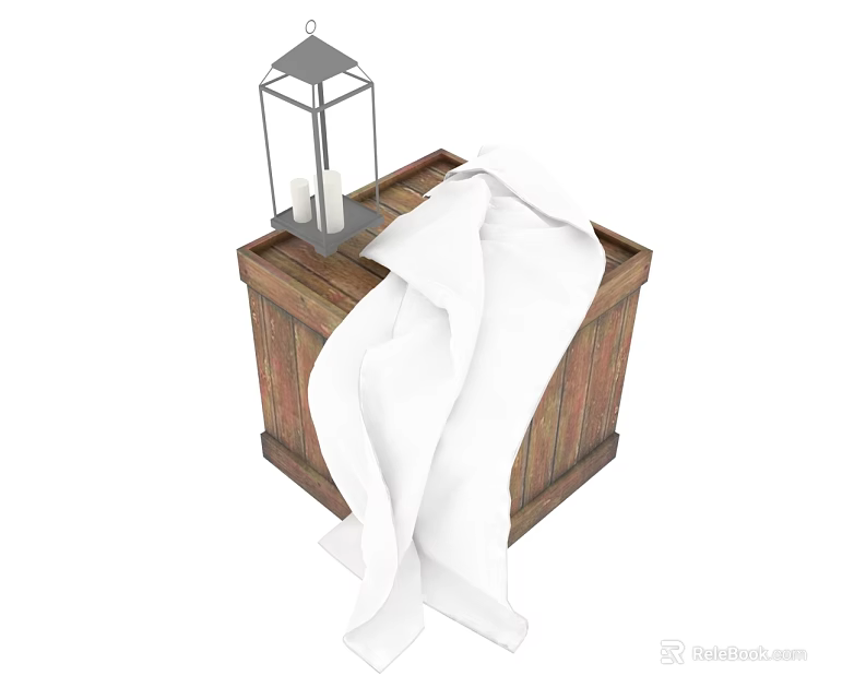Wooden Swing Door Design With Lantern And White Towel On Storage Chest 3d model 