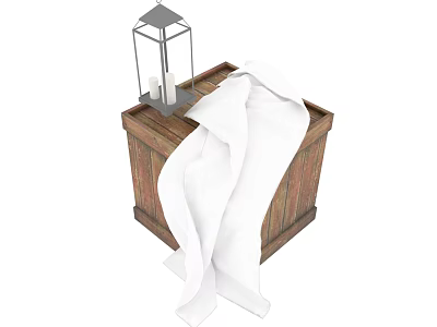 Wooden Swing Door Design With Lantern And White Towel On Storage Chest 3d model