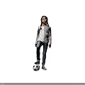 Child with Braided Pigtails Wearing White Long Sleeve Shirt Blue Jeans Sneakers Against Gray Background