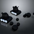 Black Miniature Tank Display With Geometric Objects And Illuminated Features On Reflective Surface 3d model