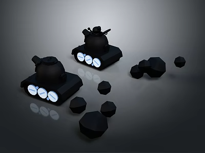 Black Miniature Tank Display With Geometric Objects And Illuminated Features On Reflective Surface 3d model