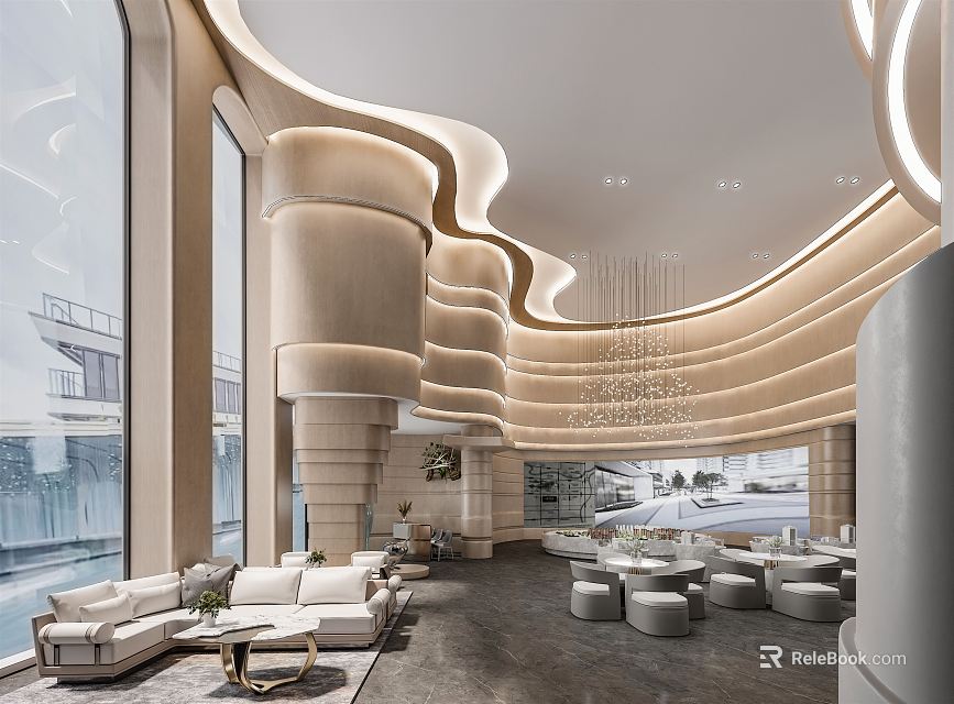 Modern Sales Office Interior Design With Curved Structures Soft Lighting And Comfortable Sofas 3d model 