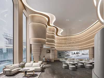 Modern Sales Office Interior Design With Curved Structures Soft Lighting And Comfortable Sofas 3d model