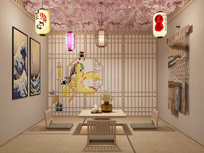 Japanese Style Interior With Cherry Blossom Ceiling Lanterns And Tatami Seating 3d model