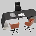 Black Office Desk With Laptop Open Book Black Office Chair And Two Orange Chairs