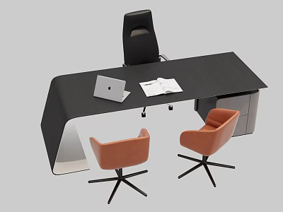 Black Office Desk With Laptop Open Book Black Office Chair And Two Orange Chairs 3d model