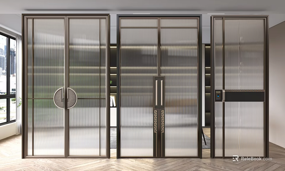 Three Panel Modern Glass Doors With Metal Frames Vertical Stripes And Handles 3d model