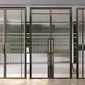 Three Panel Modern Glass Doors With Metal Frames Vertical Stripes And Handles 3d model
