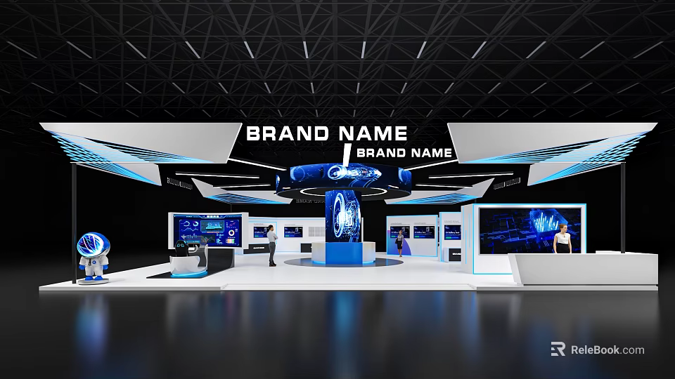 Modern Hi Tech Exhibition Booth With Blue Lighting Digital Screens and Brand Signage 3d model 